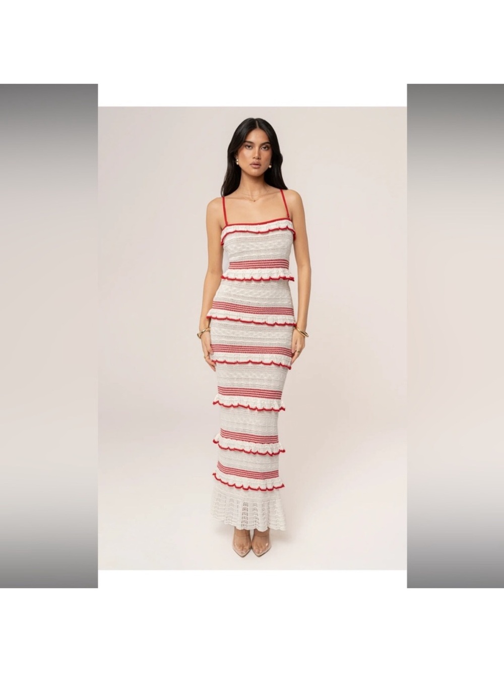 JLUXLABEL White Maxi Dress with Red Trim and Ruffle Stripes size S… SOLD OUT